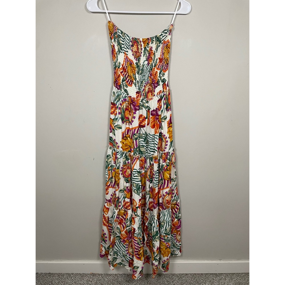 Abel The Label Tiered Strapless Smocked Maxi Dress Tropical Fruit Print Medium